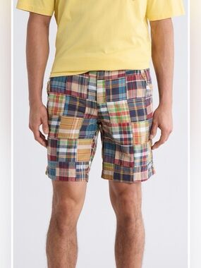 Vtg 90s Y2K J Crew Mens Patchwork Rainbow Madras Plaid Shorts Cotton trending